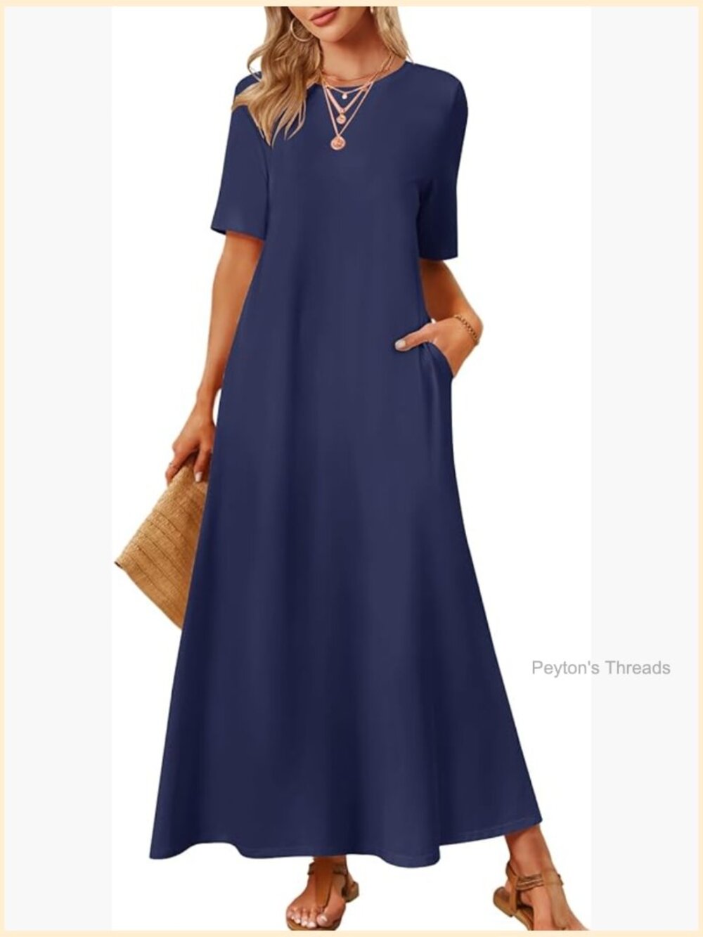 Summer Maxi Dress With Pockets Crew Neck Short Sleeve Casual T Shirt Dress